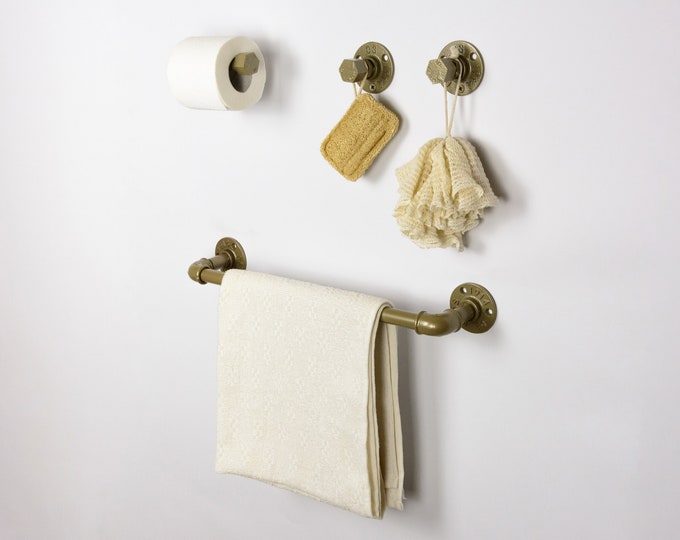 Steampunk Bathroom Accessories 4pcs Set, Includes Towel Rack, Two Towel Hooks, Toilet Paper Holder, Pipe Bathroom Set