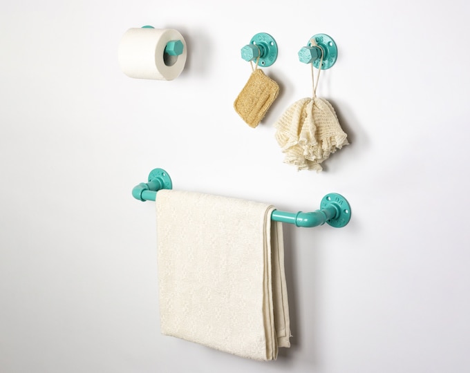 Farmhouse Bathroom Accessories 4pcs Set, Pipe Towel Rack, Rustic Towel Hooks, Farmhouse Decor, Light Blue Bathroom Set