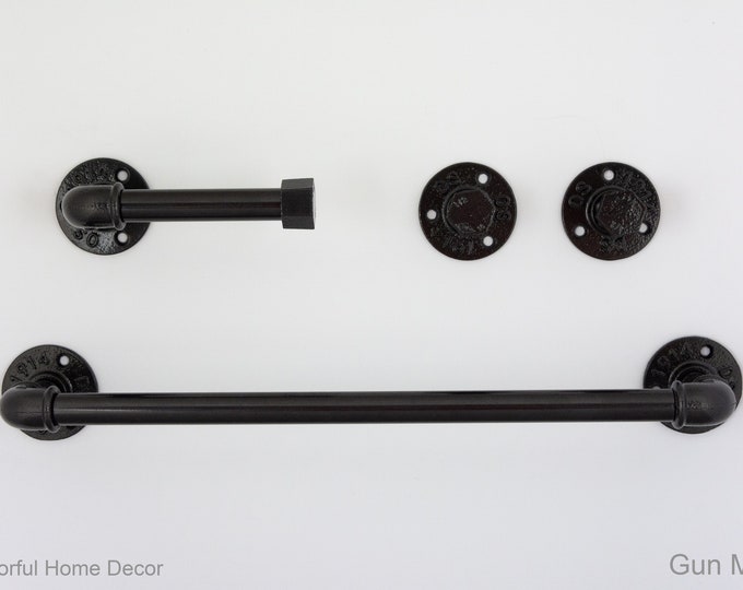Steampunk Bathroom Accessories 4pcs Set, Includes Towel Rack, Two Towel Hooks, Toilet Paper Holder. Pipe Bathroom Set