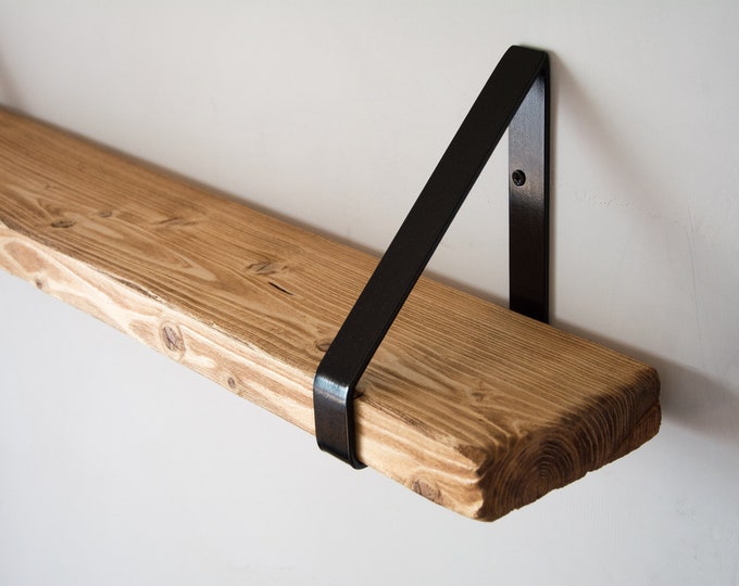 Walnut Rustic Chunky Solid Wooden Wall Shelf with Black Triangle Brackets - Solid Rustic Shelf - Heavy Duty Shelf - 14.5cm Deep Shelf