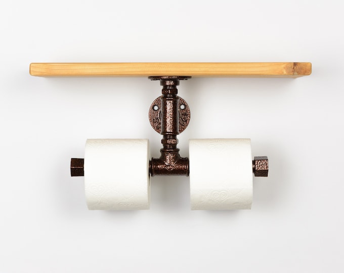Double Toilet Paper Holder With Shelf, Toilet Paper Storage, Pipe Tp Holder, Rustic Industrial Bathroom Decor, Bathroom Storage