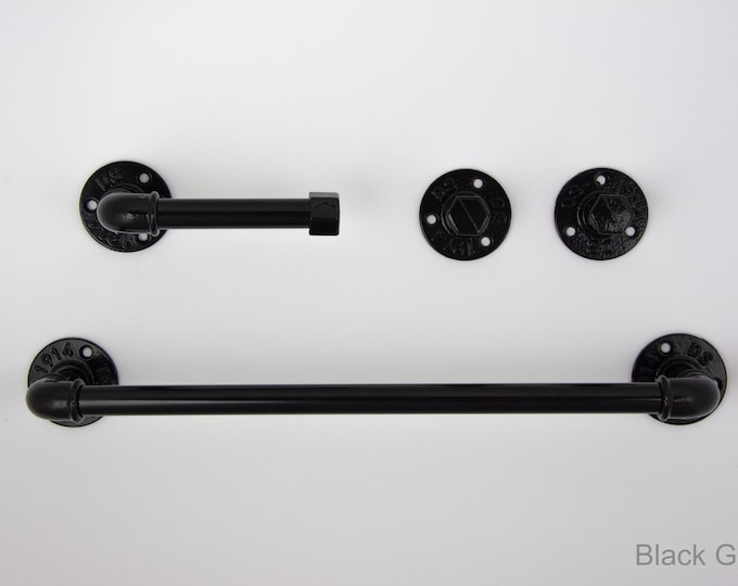Steampunk Bathroom Accessories 4pcs Set, Includes Towel Rack, Two Towel Hooks, Toilet Paper Holder. Pipe Bathroom Set