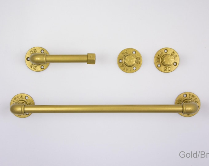 Farmhouse Bathroom Accessories 4pcs Set, Pipe Towel Rack, Rustic Towel Hooks, Farmhouse Decor, Gold Bathroom Set