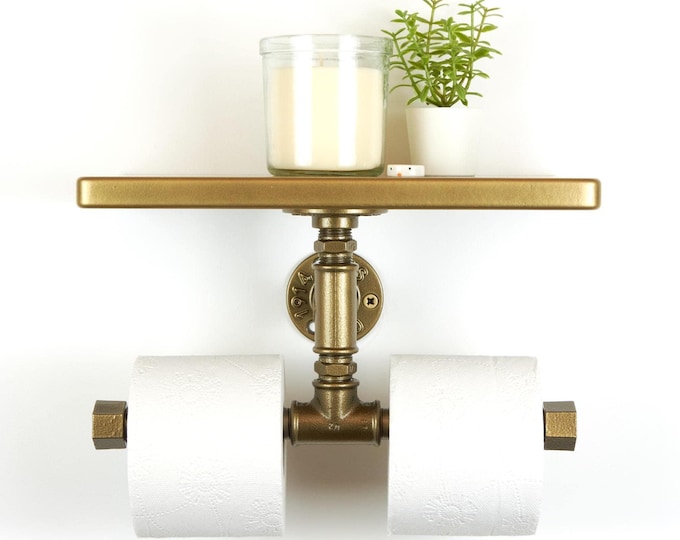 Double Toilet Paper Holder with Shelf Stylish - Bathroom Organizer for Bathroom Essentials, Color Pictured - Aged Brass