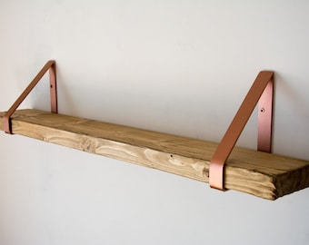 Antique Oak Rustic Chunky Solid Wooden Wall Shelf with Copper Triangle Brackets - Solid Rustic Shelf - Heavy Duty Shelf - 14.5cm Deep Shelf