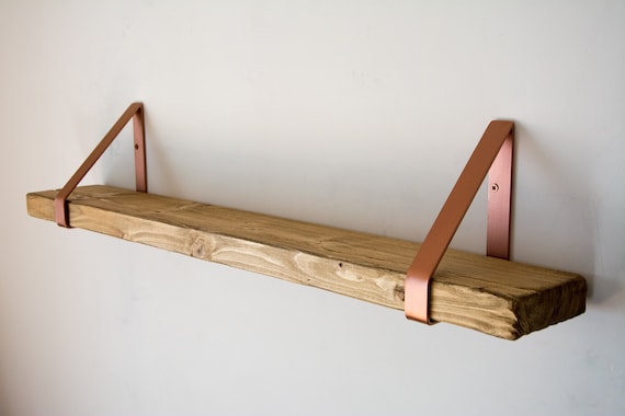 Antique Oak Rustic Chunky Solid Wooden Wall Shelf With Copper Image 0