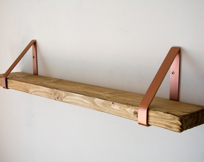 Antique Oak Rustic Chunky Solid Wooden Wall Shelf with Copper Triangle Brackets - Solid Rustic Shelf - Heavy Duty Shelf - 14.5cm Deep Shelf