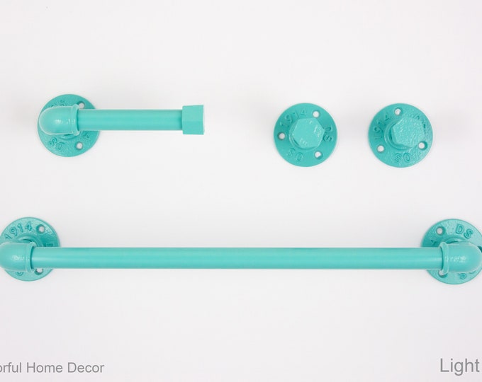 Farmhouse Bathroom Accessories 4pcs Set, Pipe Towel Rack, Rustic Towel Hooks, Farmhouse Decor, Light Blue Bathroom Set