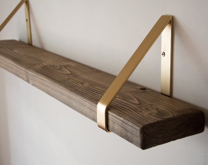 Gray Rustic Chunky Solid Wooden Wall Shelf with Gold Triangle Brackets - Solid Rustic Shelving - Heavy Duty Shelf - 14.5cm Deep Shelf