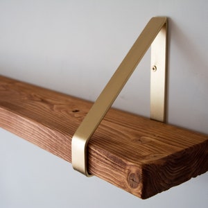 Calvados Rustic Chunky Solid Wooden Wall Shelf with Gold Triangle Brackets - Solid Rustic Shelving - Heavy Duty Shelf - 14.5cm Deep Shelf