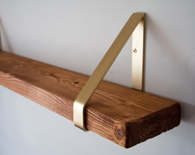 Calvados Rustic Chunky Solid Wooden Wall Shelf with Gold Triangle Brackets - Solid Rustic Shelving - Heavy Duty Shelf - 14.5cm Deep Shelf