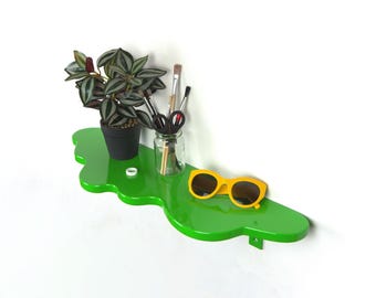 Estantería para plantas: estantería verde, estantería ondulada, estantería de pared flotante, decoración maximalista, decoración colorida