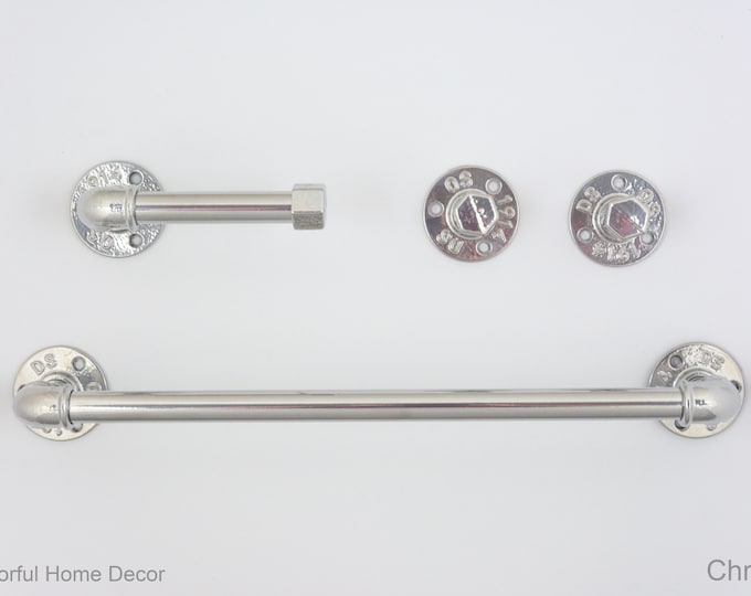 Industrial Bathroom Accessories 4pcs Set, Toilet Paper Holder, Pipe Towel Holder, Pipe Hooks, Chrome Bathroom Set