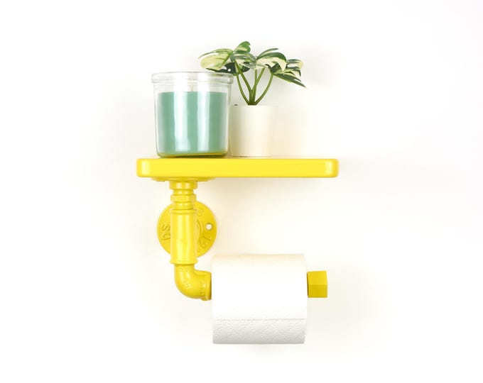 Colorful Toilet Paper Roll Holder with Shelf, Modern Design Perfect for Practical Bathroom Decor, Color Pictured - Yellow Gloss