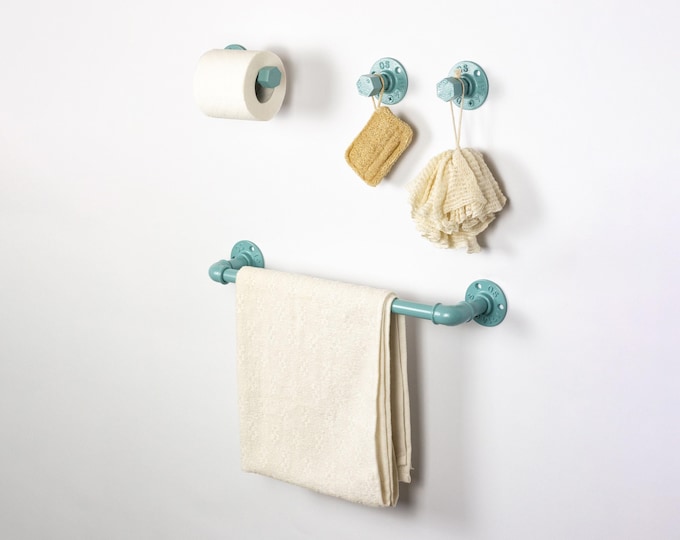 Steampunk Bathroom Accessories 4pcs Set, Includes Towel Rack, Two Towel Hooks, Toilet Paper Holder, Pipe Bathroom Set