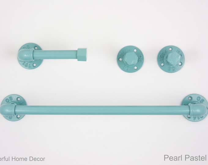 Steampunk Bathroom Accessories 4pcs Set, Includes Towel Rack, Two Towel Hooks, Toilet Paper Holder, Pipe Bathroom Set