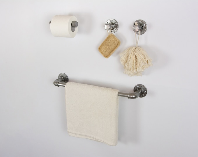 Pipe Bathroom Set 4pcs , Pipe Towel Rack, Toilet Roll Holder, Towel Hook, Wall Hook, Industrial Bathroom, Home Organization, FREE SHIPPING