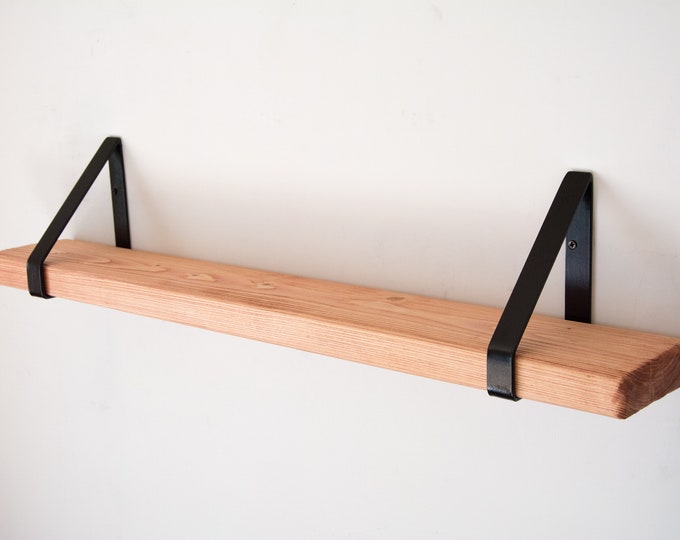 Light Mahogany Rustic Chunky Solid Wooden Wall Shelf with Black Triangle Brackets - Solid Shelf - Heavy Duty Shelf - 14.5cm Deep Shelf