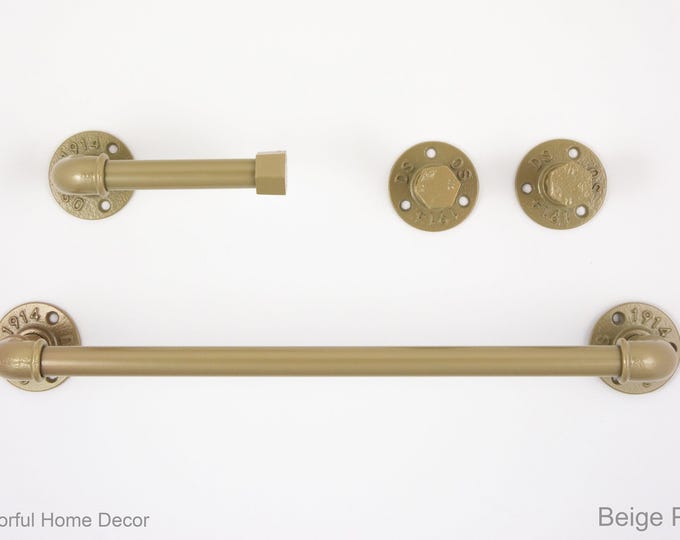 Steampunk Bathroom Accessories 4pcs Set, Includes Towel Rack, Two Towel Hooks, Toilet Paper Holder, Pipe Bathroom Set