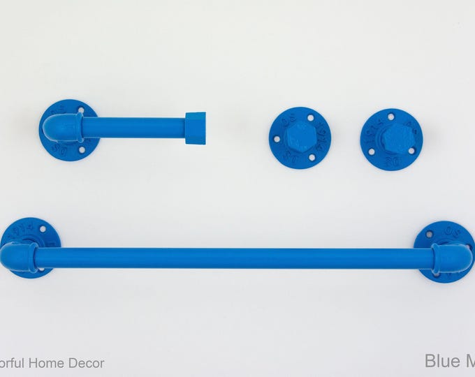 Farmhouse Bathroom Accessories 4pcs Set, Pipe Towel Rack, Rustic Towel Hooks, Farmhouse Decor, Blue Matte Bathroom Set