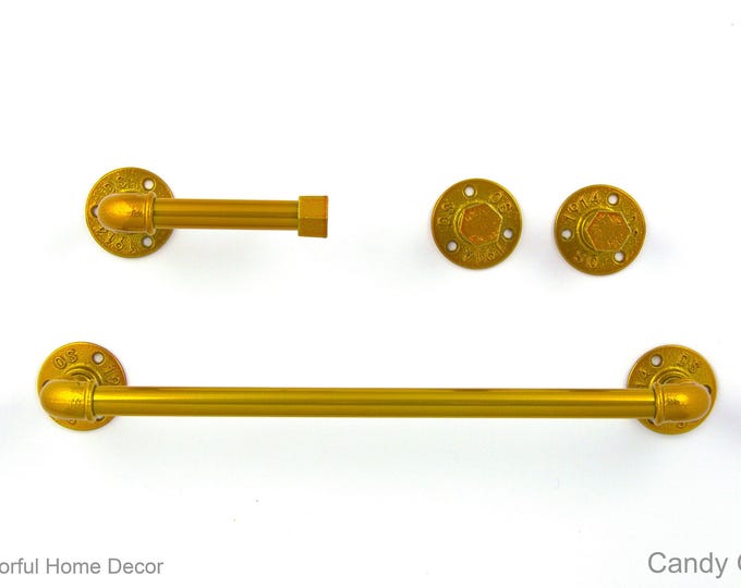 Steampunk Bathroom Accessories 4pcs Set, Includes Towel Rack, Two Towel Hooks, Toilet Paper Holder. Pipe Bathroom Set