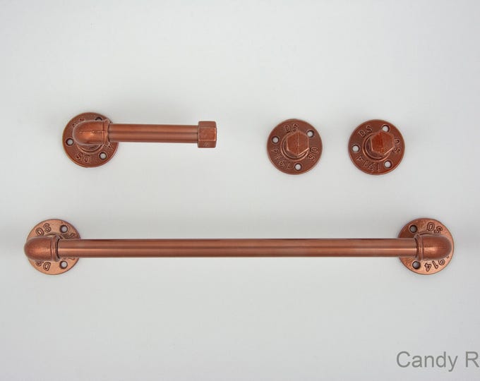 Steampunk Bathroom Accessories 4pcs Set, Includes Towel Rack, Two Towel Hooks, Toilet Paper Holder. Pipe Bathroom Set