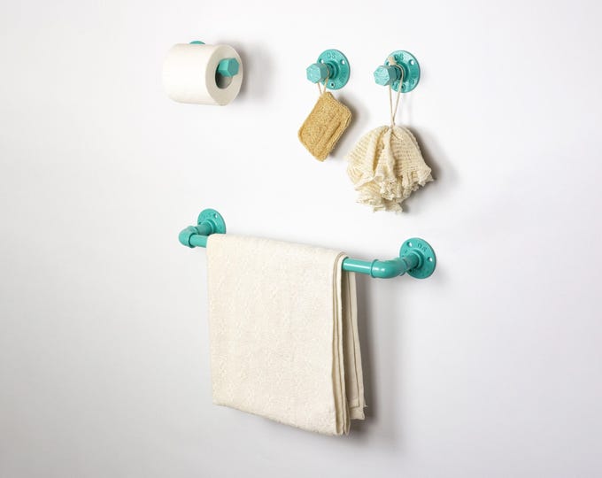 Farmhouse Bathroom Accessories 4pcs Set, Pipe Towel Rack, Rustic Towel Hooks, Farmhouse Decor, Light Blue Bathroom Set