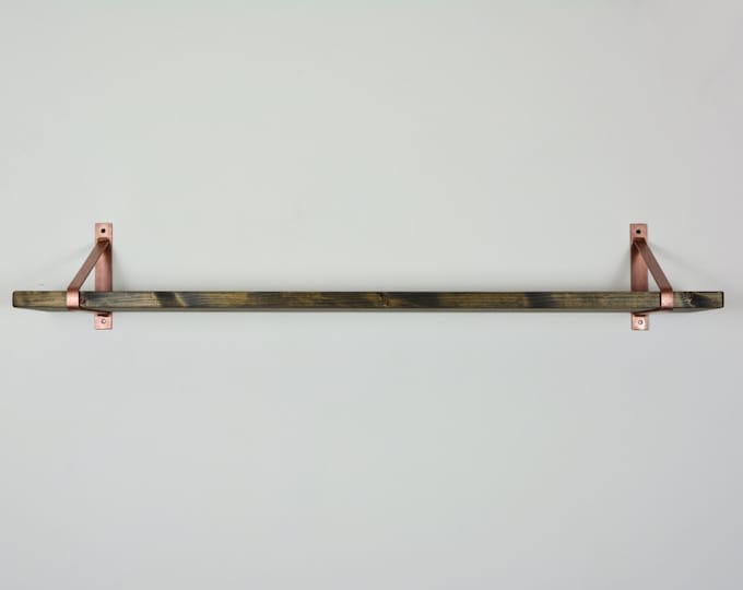 Rustic Wood Shelf with Steel Bracket - 32" x 8" - Newest Design Brackets - Gray Shelf - Light Copper Brackets - Home Shelf - Unique Shelving