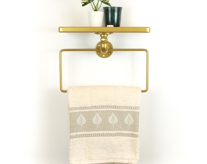 Towel Hanger with Shelf - Stylish Wall Mounted Towel Holder for Bathroom, Perfect Gift for Housewarming, Color Pictured - Gold/Brass