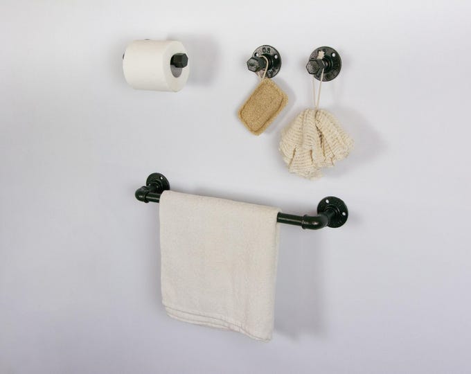 Steampunk Bathroom Accessories 4pcs Set, Includes Towel Rack, Two Towel Hooks, Toilet Paper Holder. Pipe Bathroom Set, FREE SHIPPING