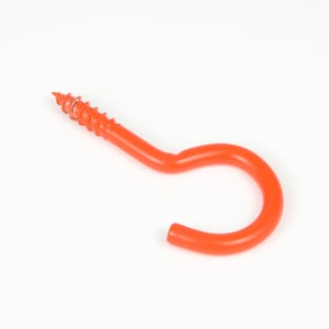 May include: A bright orange plastic hook with a screw thread. The hook is designed for hanging items.