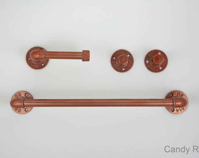 Steampunk Bathroom Accessories 4pcs Set, Includes Towel Rack, Two Towel Hooks, Toilet Paper Holder. Pipe Bathroom Set