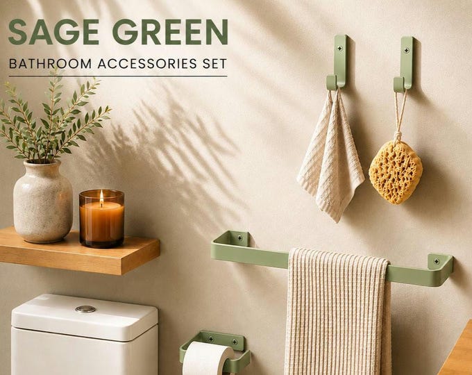 Bathroom Accessories Set – Toilet Paper Holder, Towel Holder & Hooks for Modern Bathroom Decor, Color Pictured – Sage Green