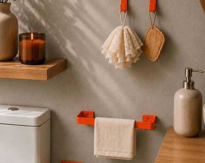 Bathroom Accessories Set – Stylish Toilet Paper Holder, Towel Holder & Hooks for Organized Bathroom Decor, Color Pictured - Orange Matte