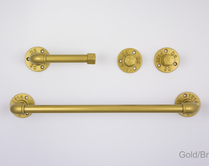 Farmhouse Bathroom Accessories 4pcs Set, Pipe Towel Rack, Rustic Towel Hooks, Farmhouse Decor, Gold Bathroom Set