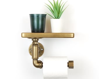 Toilet Paper Roll Holder With Shelf, Bathroom Organizer for Extra Storage, Practical Home Decor Gift, Color Pictured - Aged Brass