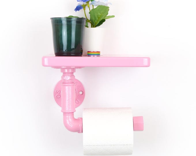 Toilet Paper Roll Holder with Shelf, Functional Storage Solution for Small Spaces, Color Pictured Pastel Pink