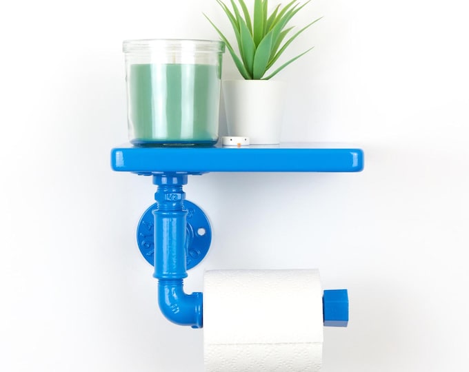 Colorful Toilet Paper Roll Holder with Shelf, Eye-catching Charming Bathroom Update, Color Pictured - Blue Gloss