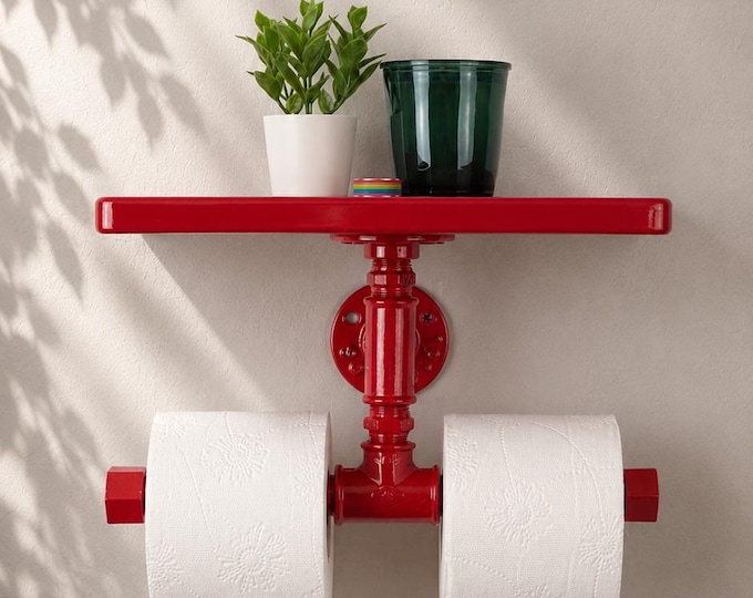 Double Toilet Paper Holder with Shelf – Modern Bathroom Organizer, Functional Storage, Color Pictured – Red Gloss