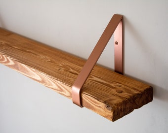 Teak Rustic Chunky Solid Wooden Wall Shelf with Copper Triangle Brackets - Solid Rustic Shelf - Heavy Duty Shelf - 14.5cm Deep Shelf