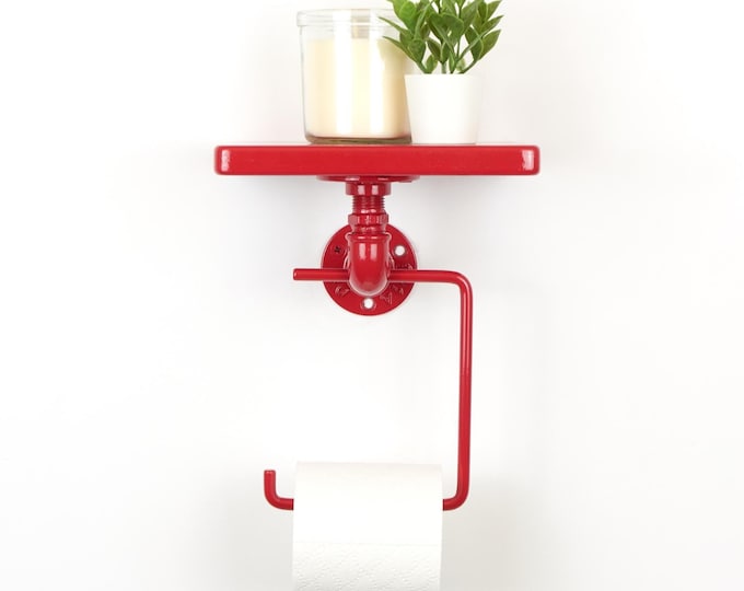 Modern Toilet Paper Holder with Shelf - Bathroom Storage, Minimalist TP Holder, Functional Home Decor, Color Pictured - Red Gloss