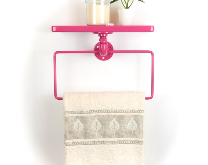 Vibrant Towel Holder with Shelf - Colorful Bathroom Organizer for Towels and Essentials, Gift for Modern Homes, Color Pictured - Hot Pink