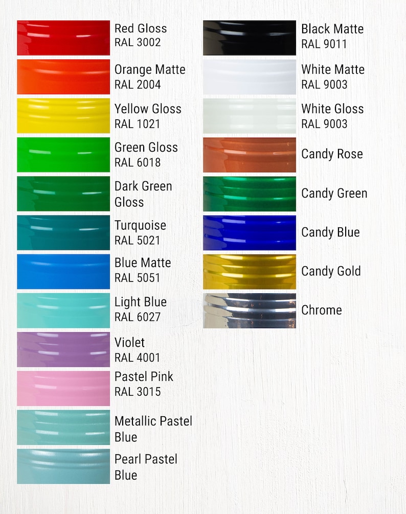 May include: A chart of paint colours with RAL colour codes and names. The colours include red gloss, orange matte, yellow gloss, green gloss, dark green gloss, turquoise, blue matte, light blue, violet, pastel pink, metallic pastel blue, and pearl pastel blue. The chart also includes black matte, white matte, white gloss, candy rose, candy green, candy blue, candy gold, and chrome.