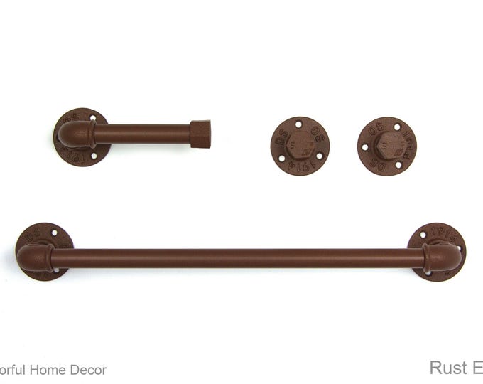 Steampunk Bathroom Accessories 4pcs Set, Includes Towel Rack, Two Towel Hooks, Toilet Paper Holder. Pipe Bathroom Set