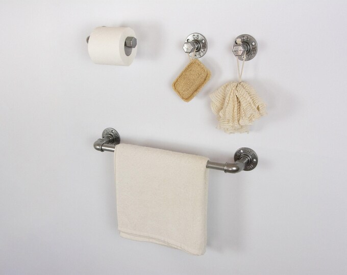 Pipe Bathroom Set 4pcs , Pipe Towel Rack, Toilet Roll Holder, Towel Hook, Wall Hook, Industrial Bathroom, Home Organization, FREE SHIPPING