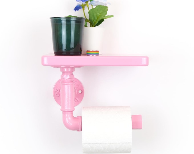 Toilet Paper Roll Holder with Shelf, Functional Storage Solution for Small Spaces, Color Pictured Pastel Pink