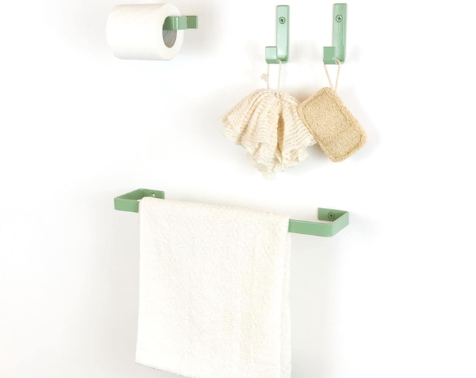 Bathroom Accessories Set – Toilet Paper Holder, Towel Holder & Hooks for Modern Bathroom Decor, Color Pictured – Pale Green
