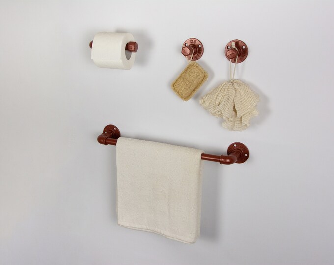 Farmhouse Bathroom Accessories 4pcs Set, Pipe Towel Rack, Rustic Towel Hooks, Farmhouse Decor, Pipe Bathroom Set, FREE SHIPPING