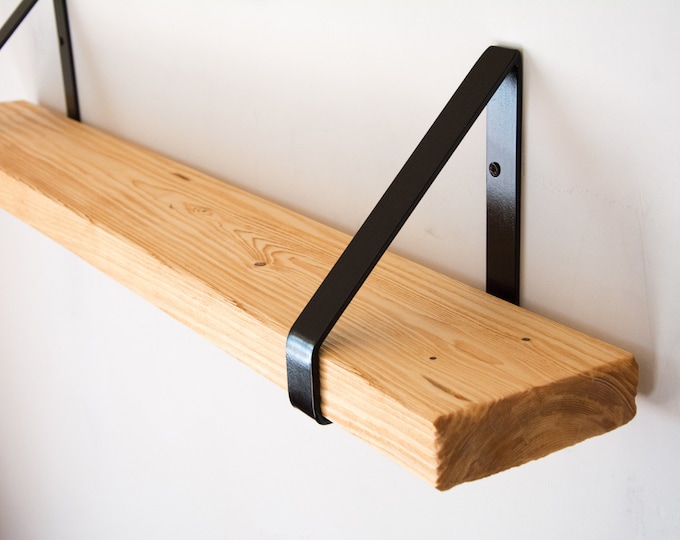 Light Pine Rustic Chunky Solid Wooden Wall Shelf with Black Triangle Brackets - Solid Rustic Shelf - Heavy Duty Shelf - 14.5cm Deep Shelf