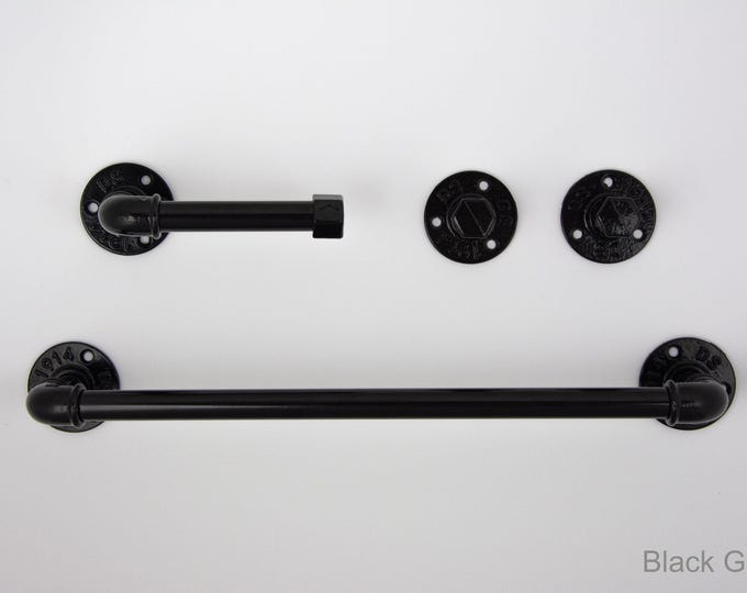 Steampunk Bathroom Accessories 4pcs Set, Includes Towel Rack, Two Towel Hooks, Toilet Paper Holder. Pipe Bathroom Set